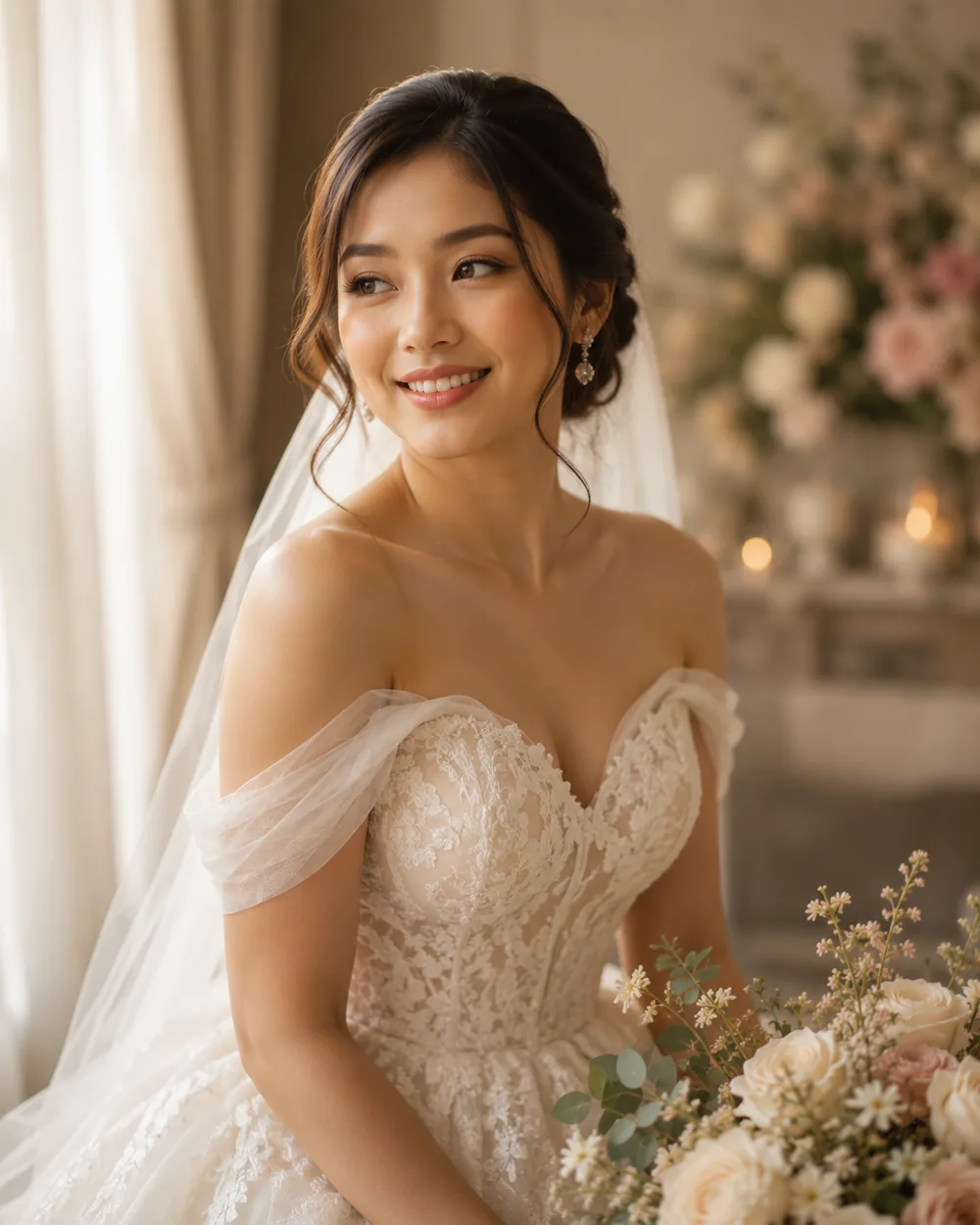Filipina bride sharing her wedding website details with guests