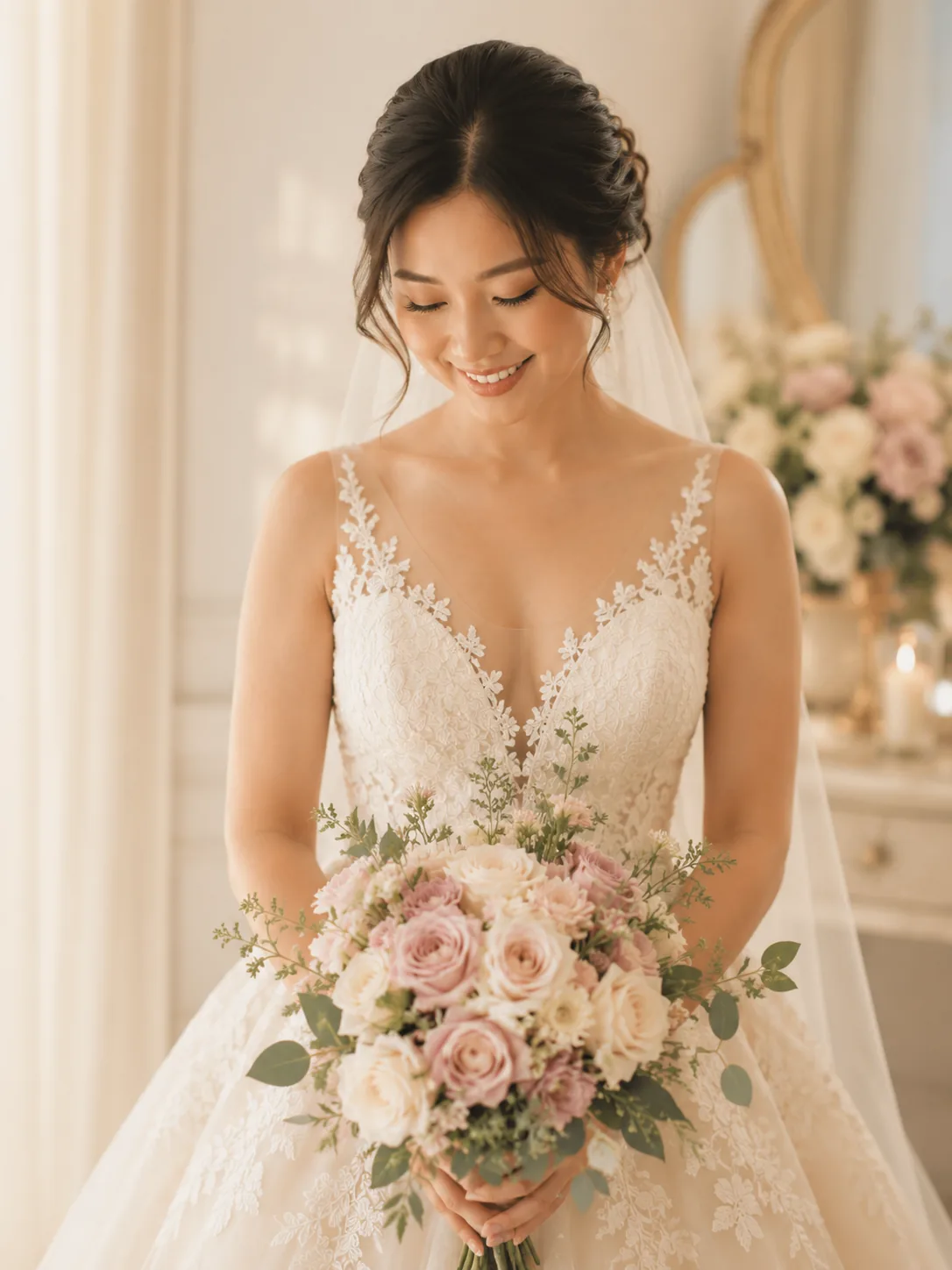 Filipina bride in an ivory lace gown, photographed for the Kasal.works wedding planning app
